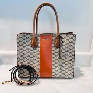 Michael Kors Womens Bag Purse MK Center Stripe Mercer Tote Natural Orange w/Cros